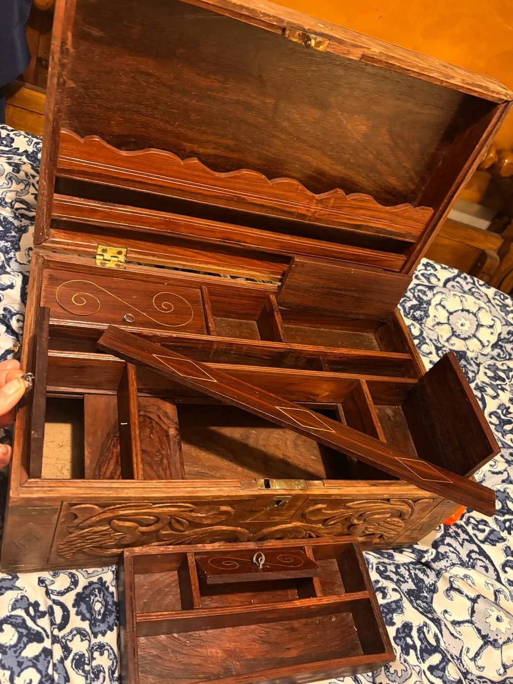 Hand-Carved Wooden Jewelry Organizer Box - Brown/ antique Anglo Indian style